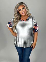 26 CP-O {Everyday Comfy} Navy Stripe Floral Top PLUS SIZE 1X 2X 3X