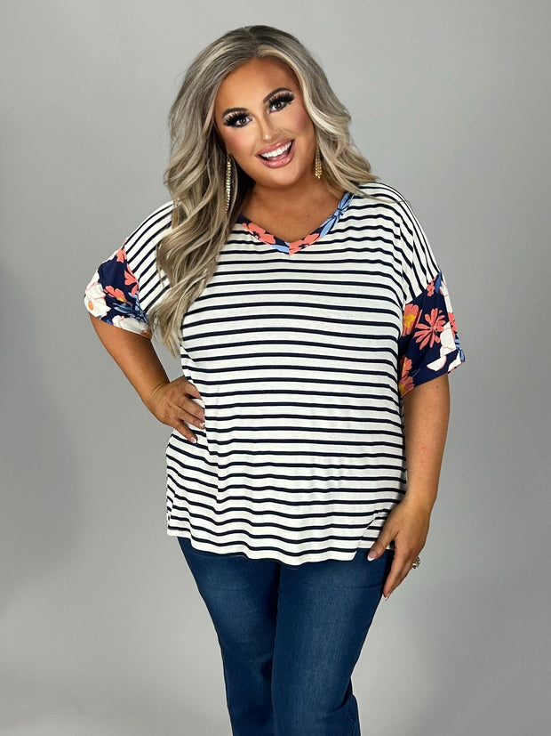 26 CP-O {Everyday Comfy} Navy Stripe Floral Top PLUS SIZE 1X 2X 3X