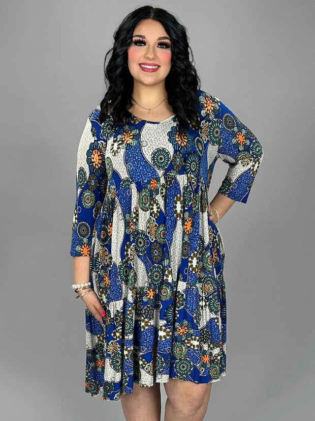 58 PQ {Mandala Perfection} Royal Blue Mandala Print Dress  PLUS SIZE XL 2X 3X