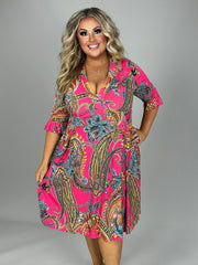 45 PSS-D {Life's A Dance} Fuchsia Paisley Printed Dress PLUS SIZE 1X 2X 3X