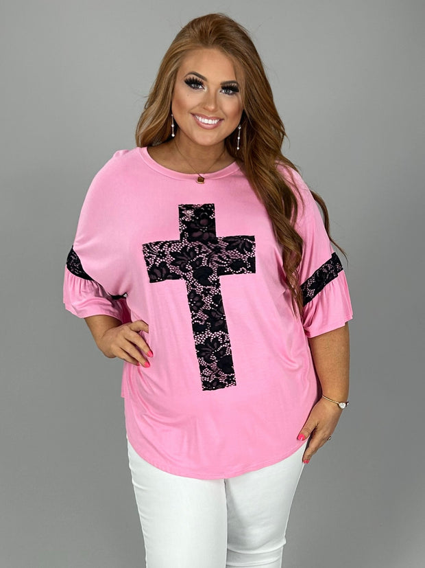 43 SD-U {At The Cross} Pink/Black Lace Cross & Sleeve Detail Top PLUS SIZE XL 2X 3X 4X 5X 6X