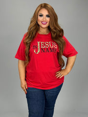 49 GT {In Jesus Name} Red/Leopard Script Graphic Tee  PLUS SIZE 1X 2X 3X