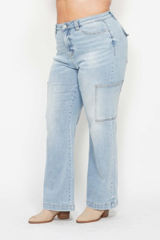 LEG-98 {Judy Blue} Light Blue Acid Washed High Waisted Denim Cargo Jeans