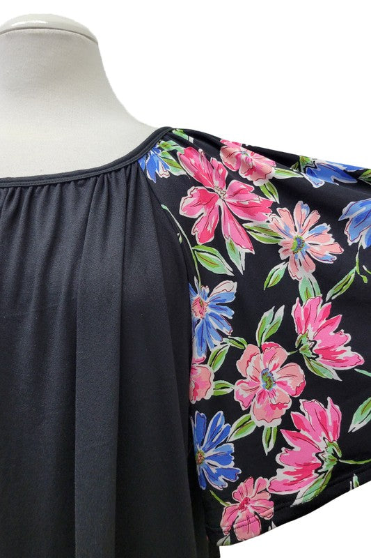 100 SD {Black Violet} Black Floral Sleeve Round Neck Tunic EXTENDED PLUS SIZE 4X 5X 6X