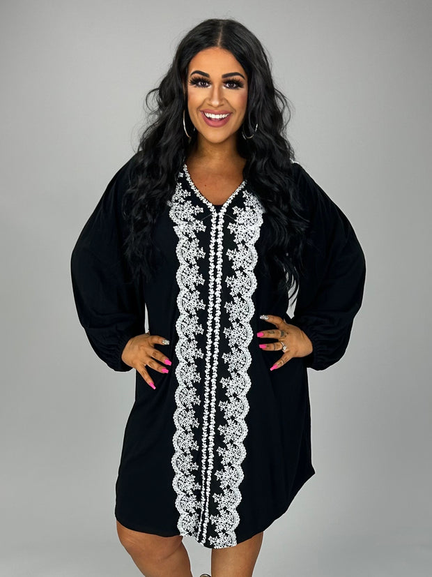 59 SD  {Showstopper} Black V-Neck Dress w/Lace Contrast PLUS SIZE 1X 2X 3X