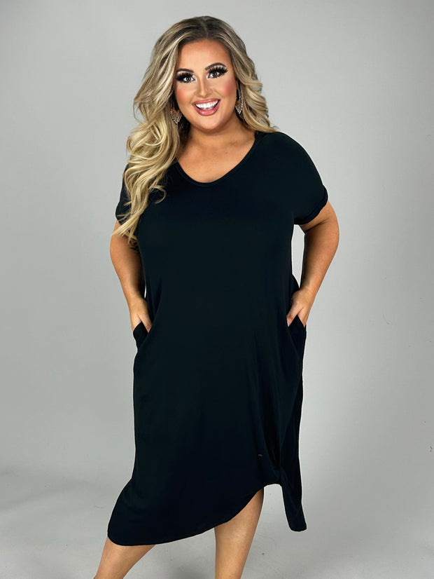 LD-A {Always Classic} Black V-Neck Knot Hem Dress PLUS SIZE 1X 2X 3X