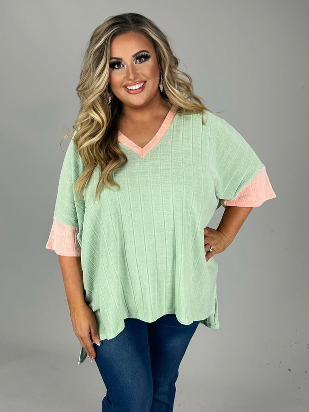 74 CP {Let's Get Honest} Mint/Peach Ribbed V-Neck Top PLUS SIZE 1X 2X 3X