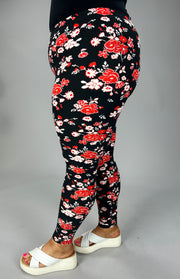 LEG-81 {Fun Days} Black Leggings with Red & White Floral Print PLUS