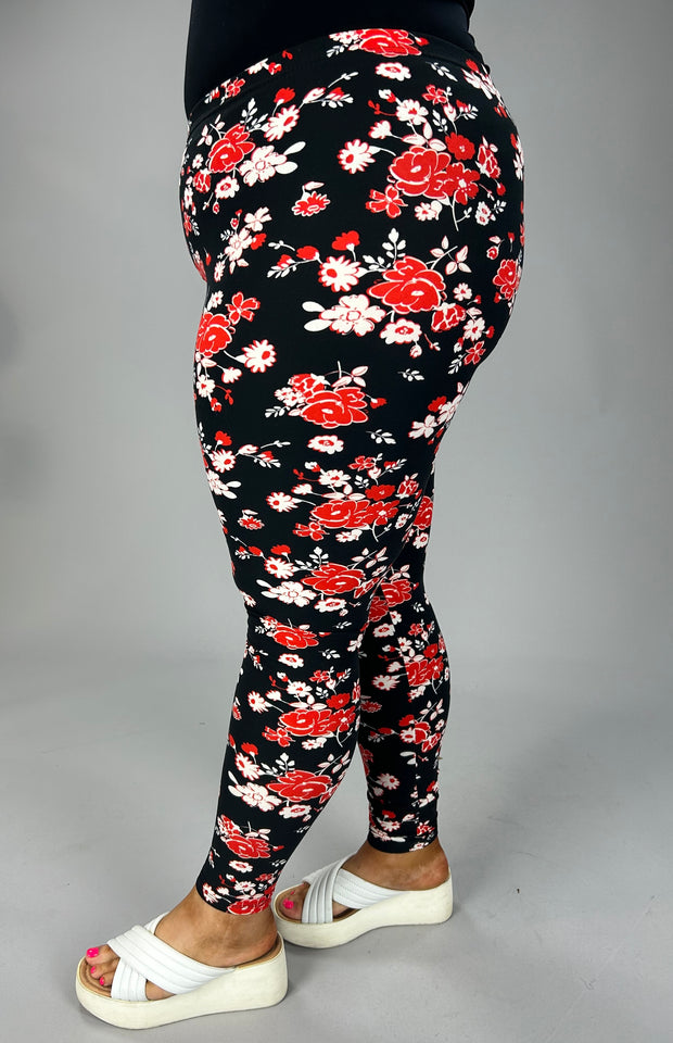 LEG-81 {Fun Days} Black Leggings with Red & White Floral Print PLUS