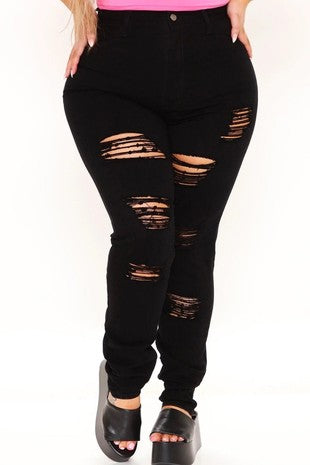 LEG-5 Aphrodite} Black Distressed Denim Skinny Jeans PLUS SIZE