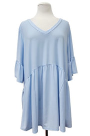 100 SQ {Cool & Casual} Sky Blue Baby Doll Tunic V Neck  Tulip Sleeve EXTENDED PLUS SIZE 3X 4X 5X