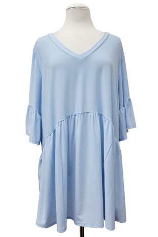 100 SQ {Cool & Casual} Sky Blue Baby Doll Tunic V Neck  Tulip Sleeve EXTENDED PLUS SIZE 3X 4X 5X