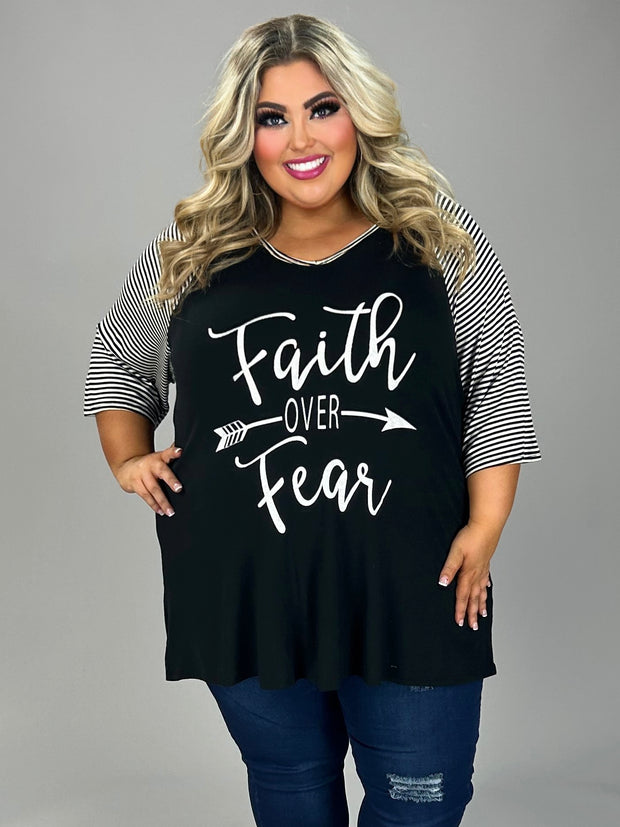 26 GT {Choose "Faith Over Fear"}  Black/White Stripe Graphic Tee    PLUS SIZE XL 2X 3X 4X 5X 6X (May Size Down 1 Size}