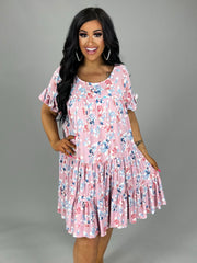 76 PSS-D {Floral Fields} PINK Floral Tiered Dress PLUS SIZE 1X 2X 3X