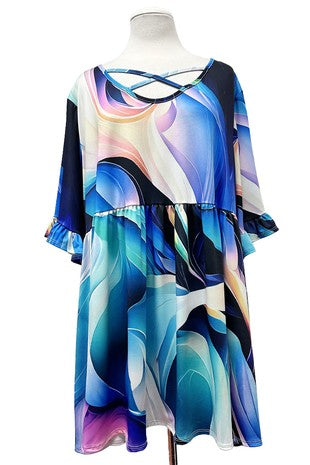 100 PSS {Cool Waves} Blue Multi Wave Print Cross Neck Top EXTENDED PLUS SIZE 3X 4X 5X