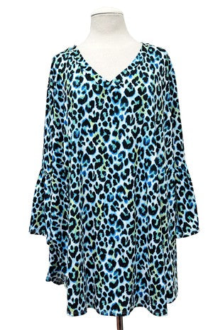 100 PQ {Stealing Looks} Teal Leopard Flounce Sleeve Top EXTENDED PLUS SIZE 3X 4X 5X