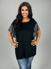 85 CP-B {A Flutter Above} Black Top W/Print Contrast PLUS SIZE 1X 2X 3X