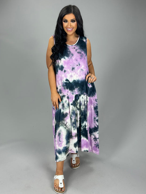 LD-B {Calming Vibes} Navy/Lavender Tie Dye Sleeveless Dress PLUS SIZE 1X 2X 3X