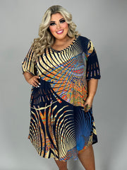 52 PSS-N {Urban Adventures} Navy Orange Print Dress EXTENDED PLUS SIZE 3X 4X 5X