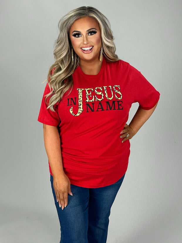 49 GT {In Jesus Name} Red/Leopard Script Graphic Tee  PLUS SIZE 1X 2X 3X