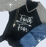 26 GT {Choose "Faith Over Fear"}  Black/White Stripe Graphic Tee    PLUS SIZE XL 2X 3X 4X 5X 6X (May Size Down 1 Size}