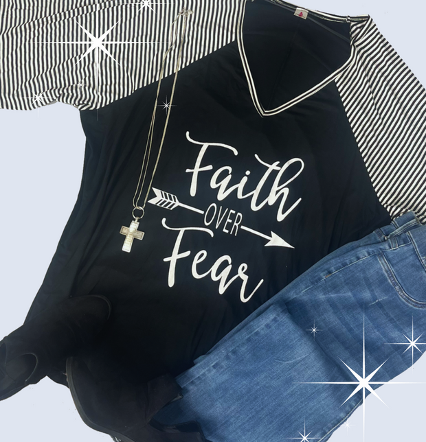 26 GT {Choose "Faith Over Fear"}  Black/White Stripe Graphic Tee    PLUS SIZE XL 2X 3X 4X 5X 6X (May Size Down 1 Size}