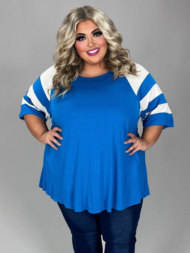 21 CP-F {Curvy Hanging Out} Turquoise Tunic w/Striped Sleeve  PLUS SIZE XL 2X 3X (May Size Down 1 Size)
