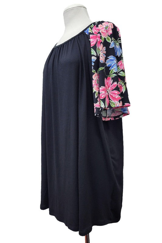 100 SD {Black Violet} Black Floral Sleeve Round Neck Tunic EXTENDED PLUS SIZE 4X 5X 6X