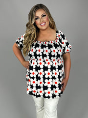 SALE!! 22 PSS-B {Daisy On Display} Black Print Smocked Top PLUS SIZE XL 2X 3X