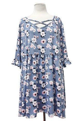 100 PSS {Natural Beauty} Dusty Blue Floral Cross Neck Top EXTENDED PLUS SIZE 3X 4X 5X