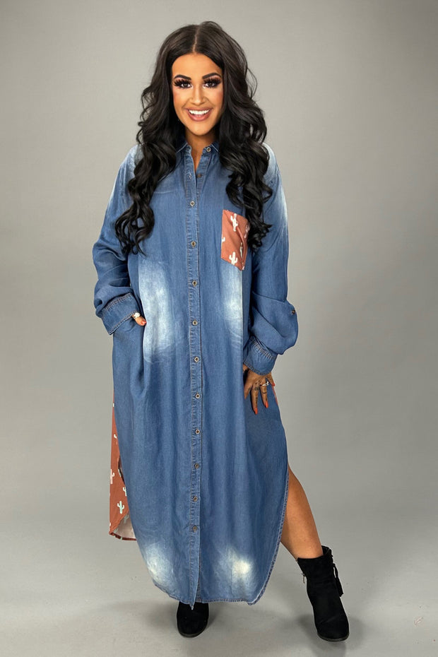 LD-G {Coming Home} Med. Chambray Cactus Print Dress  PLUS SIZE 1X 2X 3X