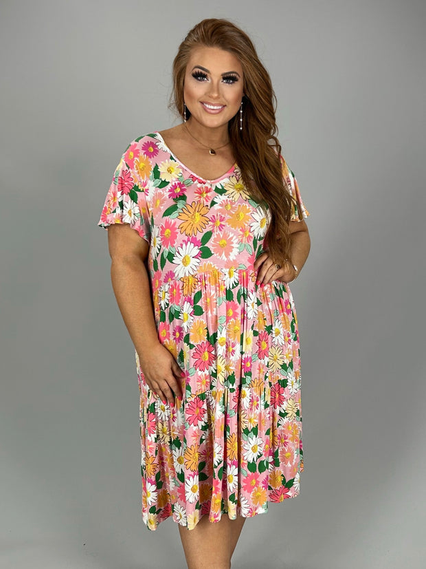 12 PSS-S {Smile And Shine} Pink Floral Print Tiered Dress PLUS SIZE XL 2X 3X