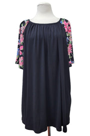 100 SD {Be Amazed} Black Floral Sleeve Round Neck Tunic EXTENDED PLUS SIZE  2X 3X 4X  TRUE TO SIZE!!