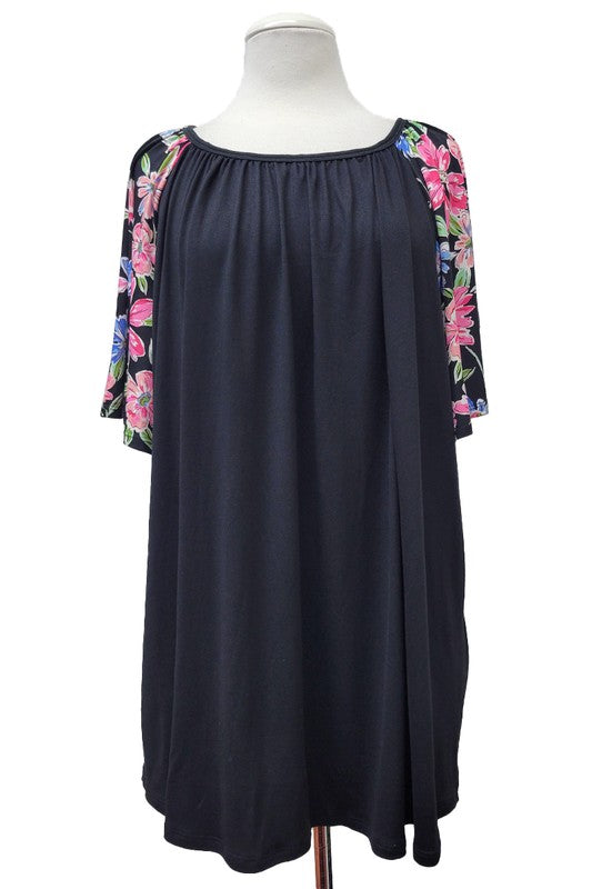 100 SD {Be Amazed} Black Floral Sleeve Round Neck Tunic EXTENDED PLUS SIZE  2X 3X 4X  TRUE TO SIZE!!