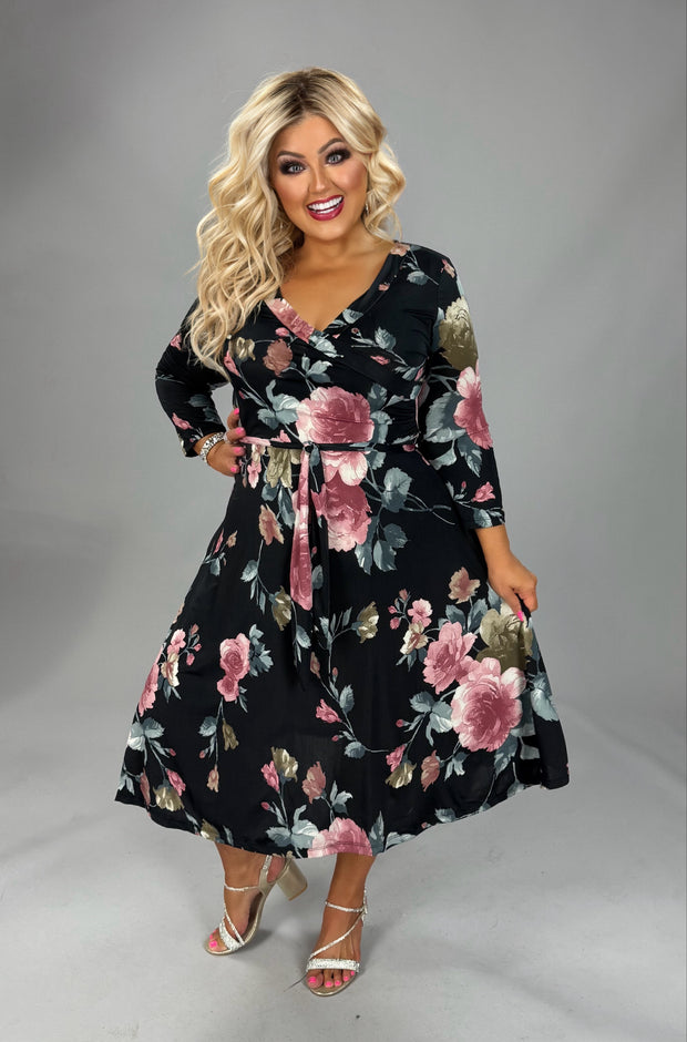 100 PLS {Thoughtful Floral} Black Floral Faux Wrap Dress PLUS SIZE XL 2X 3X
