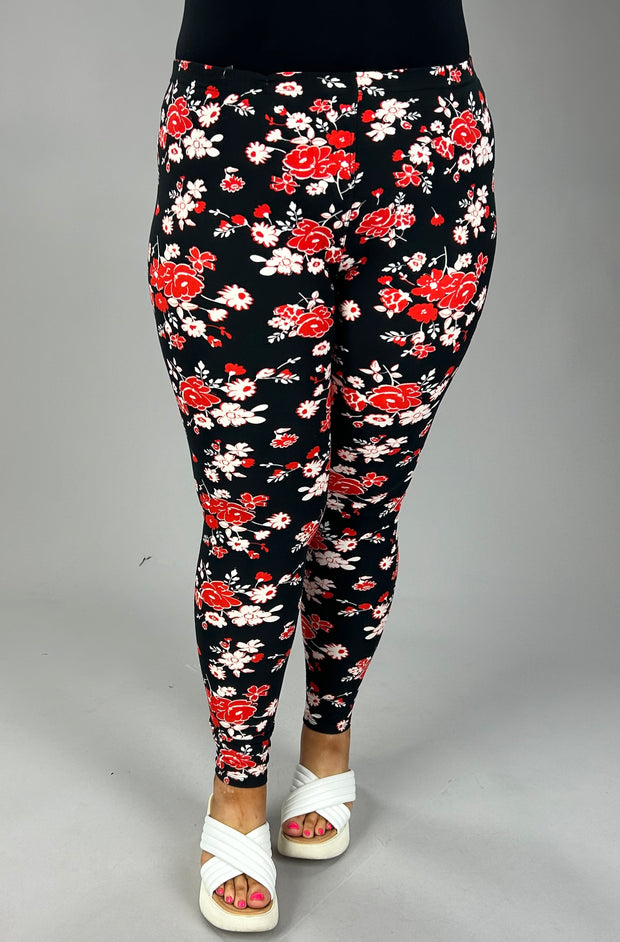 LEG-81 {Fun Days} Black Leggings with Red & White Floral Print PLUS