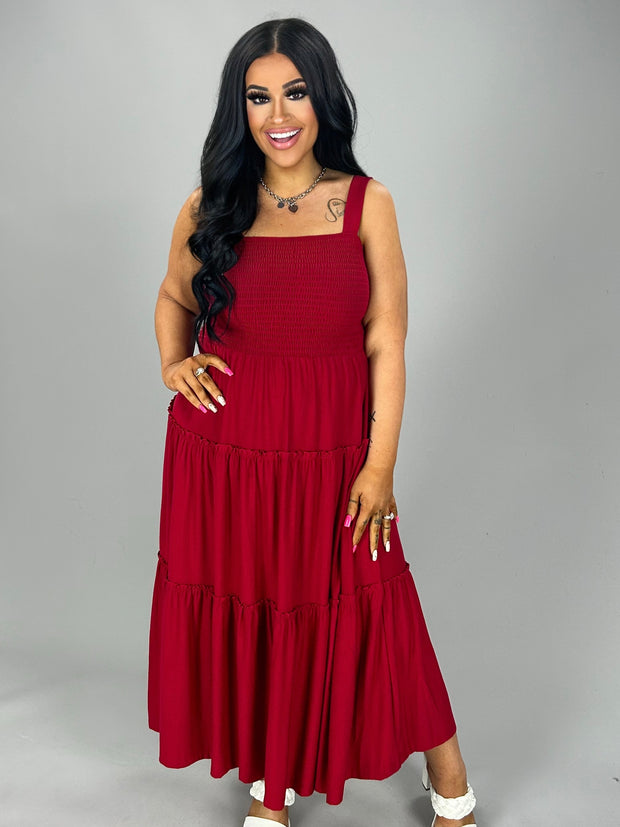 LD-V {Decide The Vibe} Dk Red Smocked Tiered Sundress PLUS SIZE 1X 2X 3X