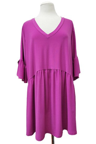 100 SQ {Love & Adored} Magenta Baby Doll V Neck Tunic Tulip Sleeve EXTENDED PLUS SIZE 3X 4X 5X