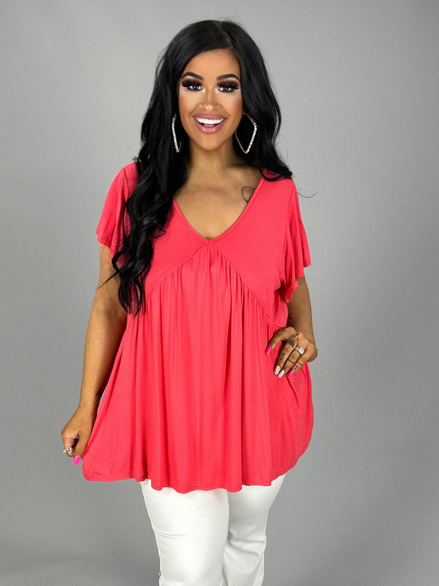 47 SSS-A {Say You Love Me} Pink V-Neck Babydoll  Top PLUS SIZE XL 2X 3X