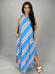 LD-S {Big Adventure} Sky  Blue Stripe Print Maxi Dress PLUS SIZE 1X 2X 3X