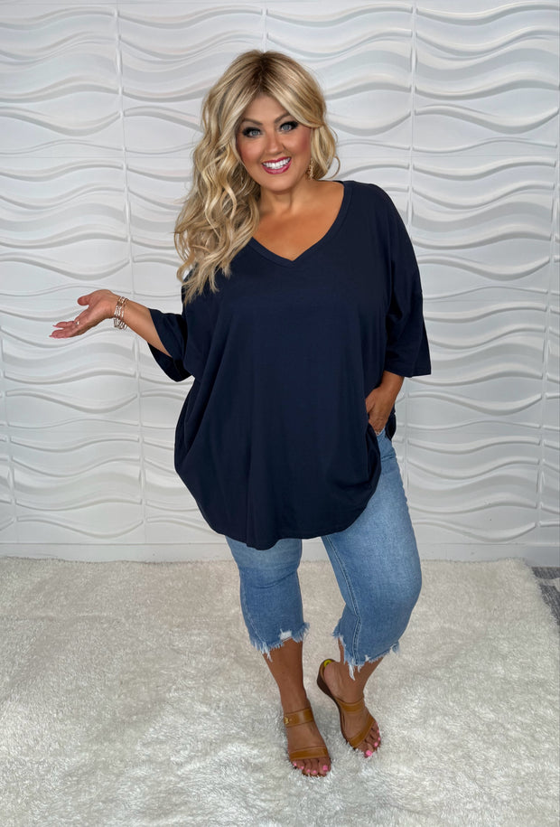 46 SSS-B {Charm Me} Dark Navy Oversized V-Neck Top PLUS SIZE 1X 2X 3X