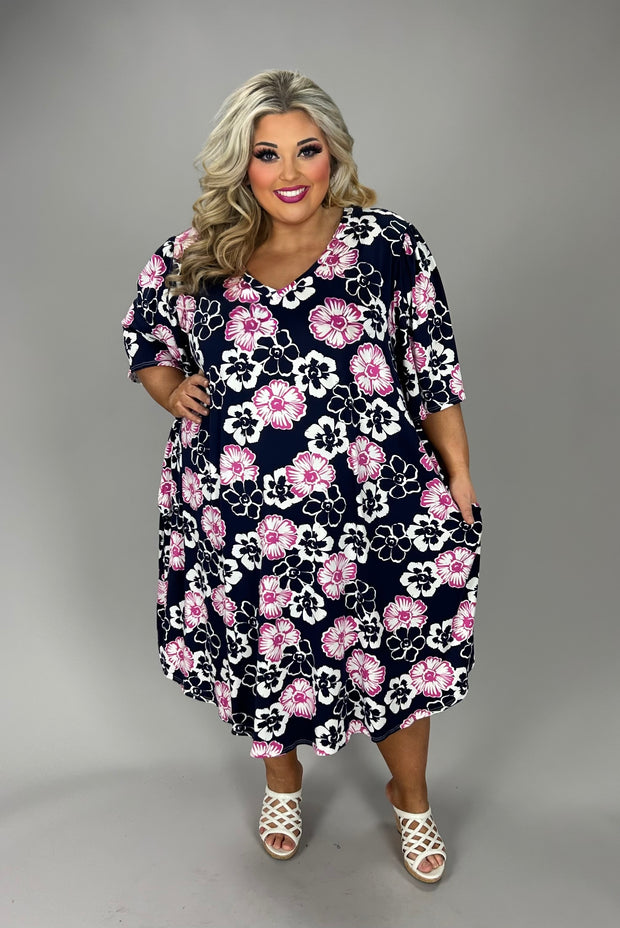 46 PSS {Magic Moments} Navy Pink Flower V-Neck Dress EXTENDED PLUS SIZE 3X 4X 5X
