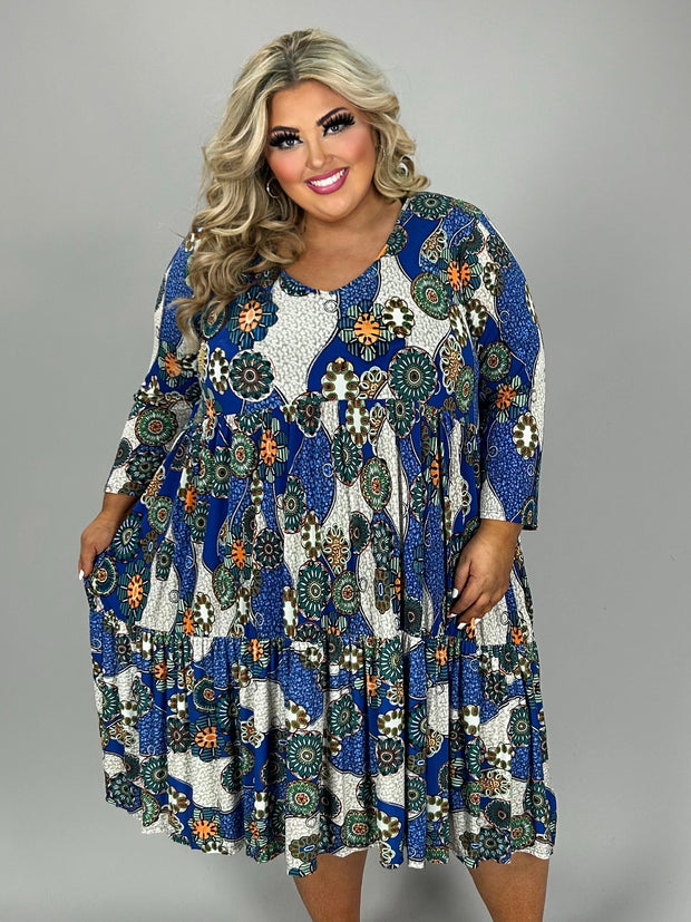 58 PQ {Mandala Perfection} Royal Blue Mandala Print Dress  PLUS SIZE XL 2X 3X