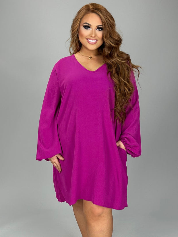 47 SQ {Taking Charge} Magenta V-Neck Bubble Sleeve  Dress PLUS SIZE XL 1X 2X