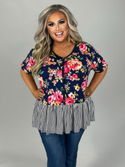 37 CP {Media Darling} Navy Floral Stripe Print Top PLUS SIZE 1X 2X 3X