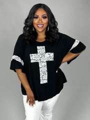 42 SD-Q {Mighty Cross} Black/Ivory Lace Cross & Sleeve Detail Top PLUS SIZE XL 2X 3X (May Size Down 1 Size)