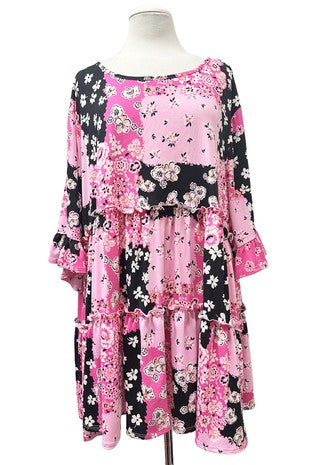 100 PSS {Follow You} Pink Floral Tiered Hem Ruffle Sleeve Tunic EXTENDED PLUS SIZE 3X 4X 5X