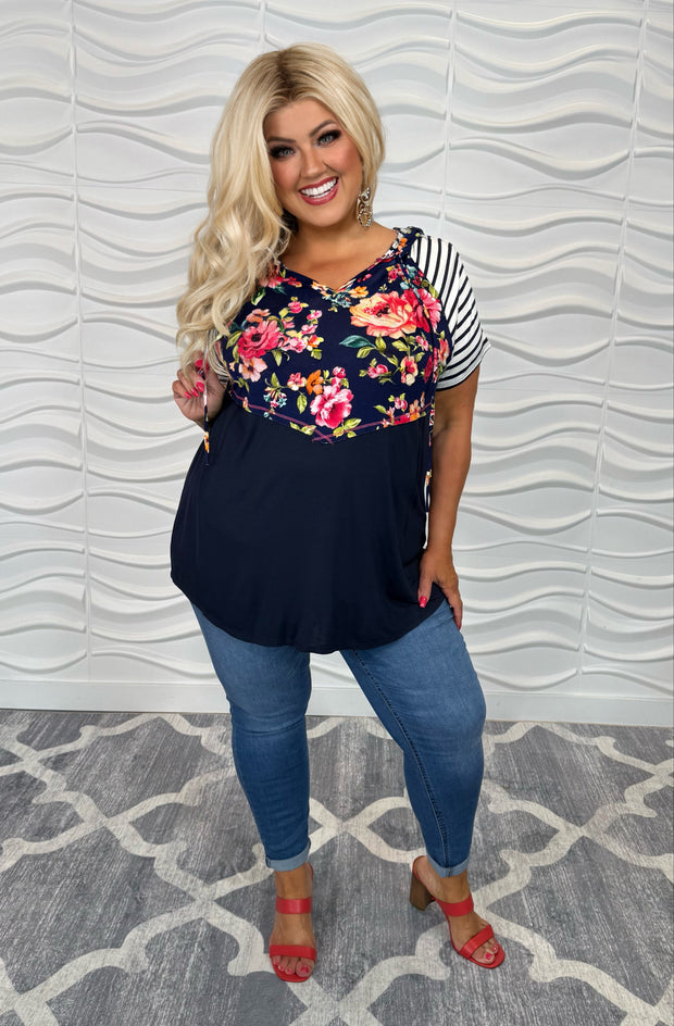 11 HD-E {Floral Influence} Navy Floral/Stripe Hoodie PLUS SIZE 1X 2X 3X
