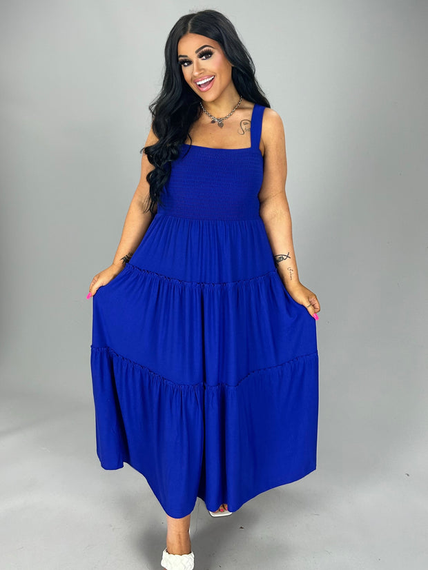 LD-V {Decide The Vibe} Bright Blue Smocked Tiered  Sundress PLUS SIZE 1X 2X 3X