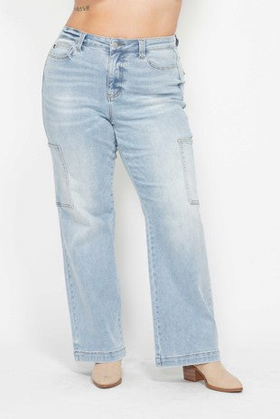 LEG-98 {Judy Blue} Light Blue Acid Washed High Waisted Denim Cargo Jeans